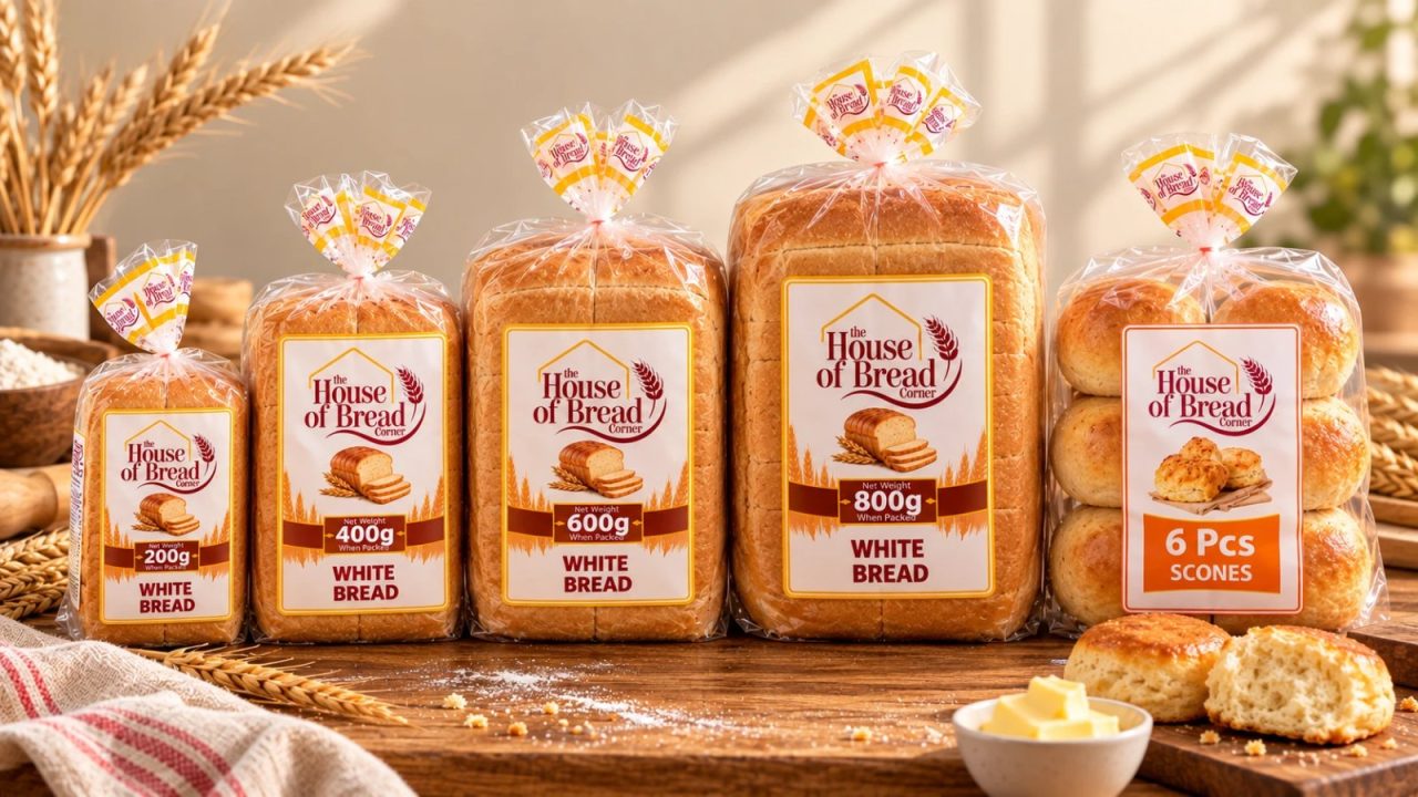 The House of Bread Corner range: white loaves from 200 g to 800 g and the 6-pack of scones