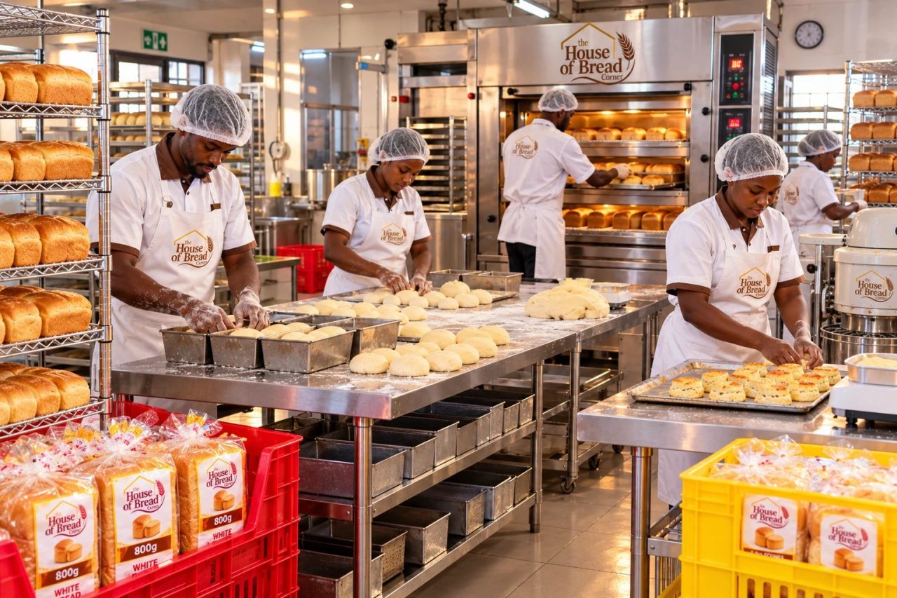 Bakers shaping loaves and scones on the bakery floor