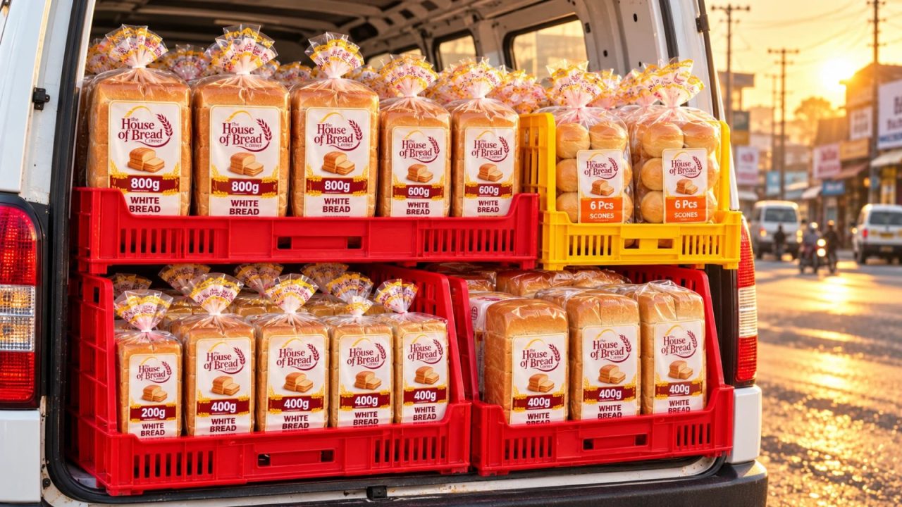 Crates of packed loaves and scones in the delivery van at dawn