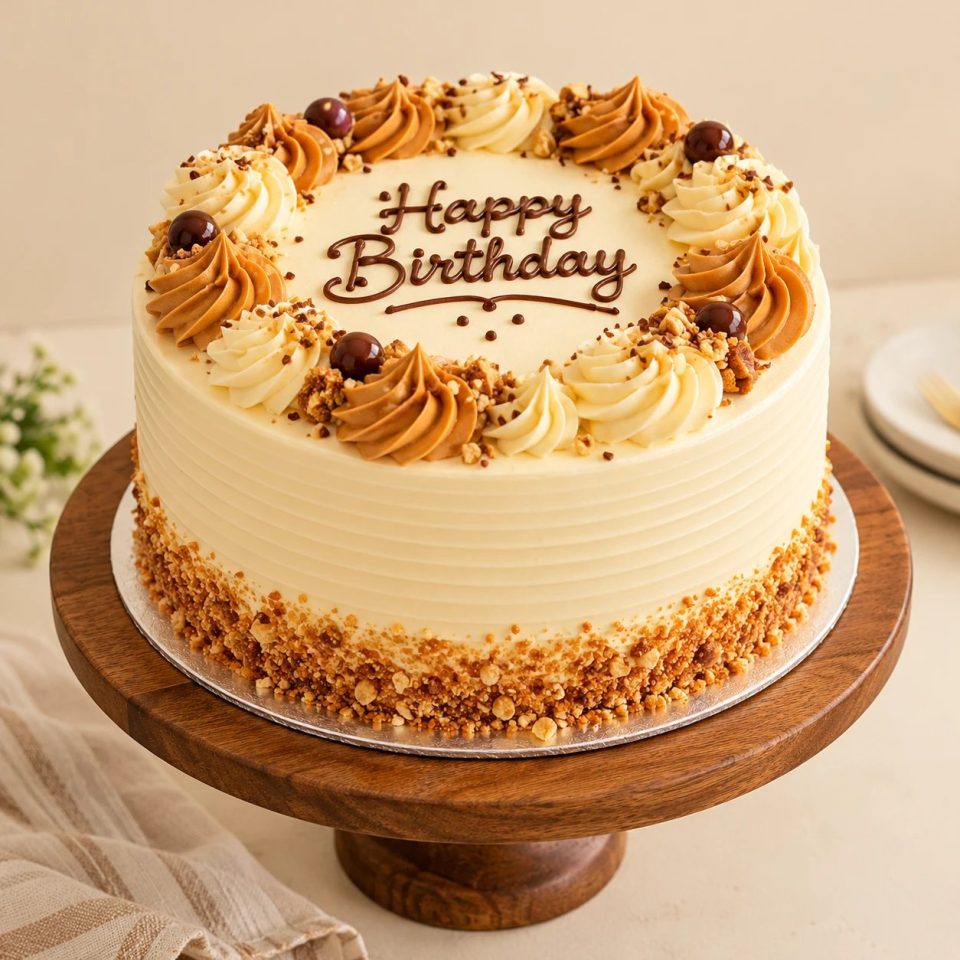 A birthday cake with caramel and cream swirls