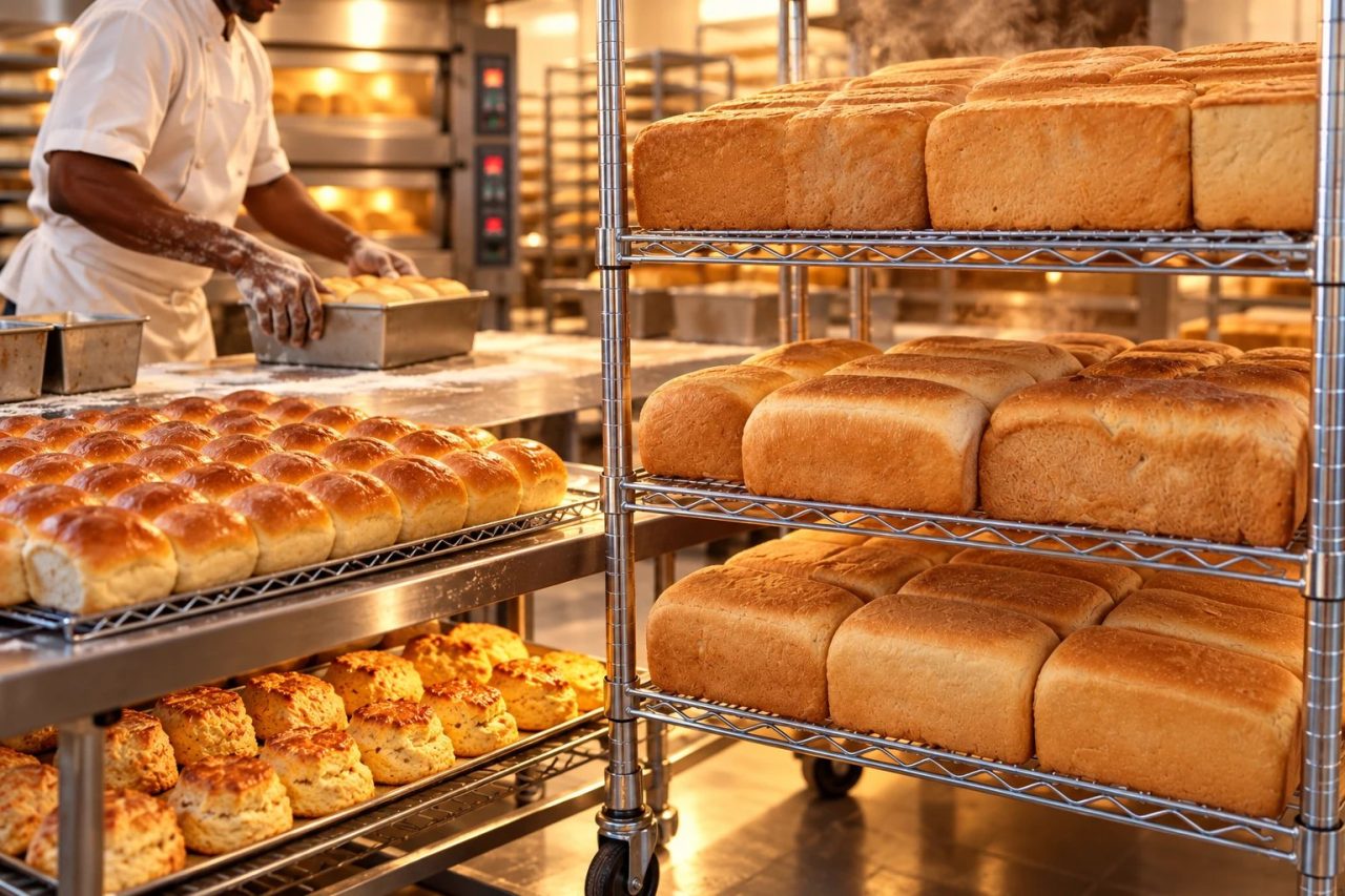 Fresh loaves and scones on the cooling racks