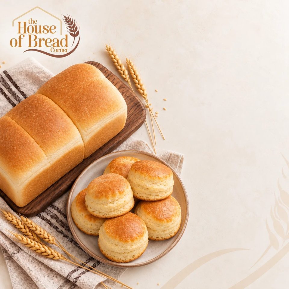 A fresh loaf and a plate of scones with wheat on linen